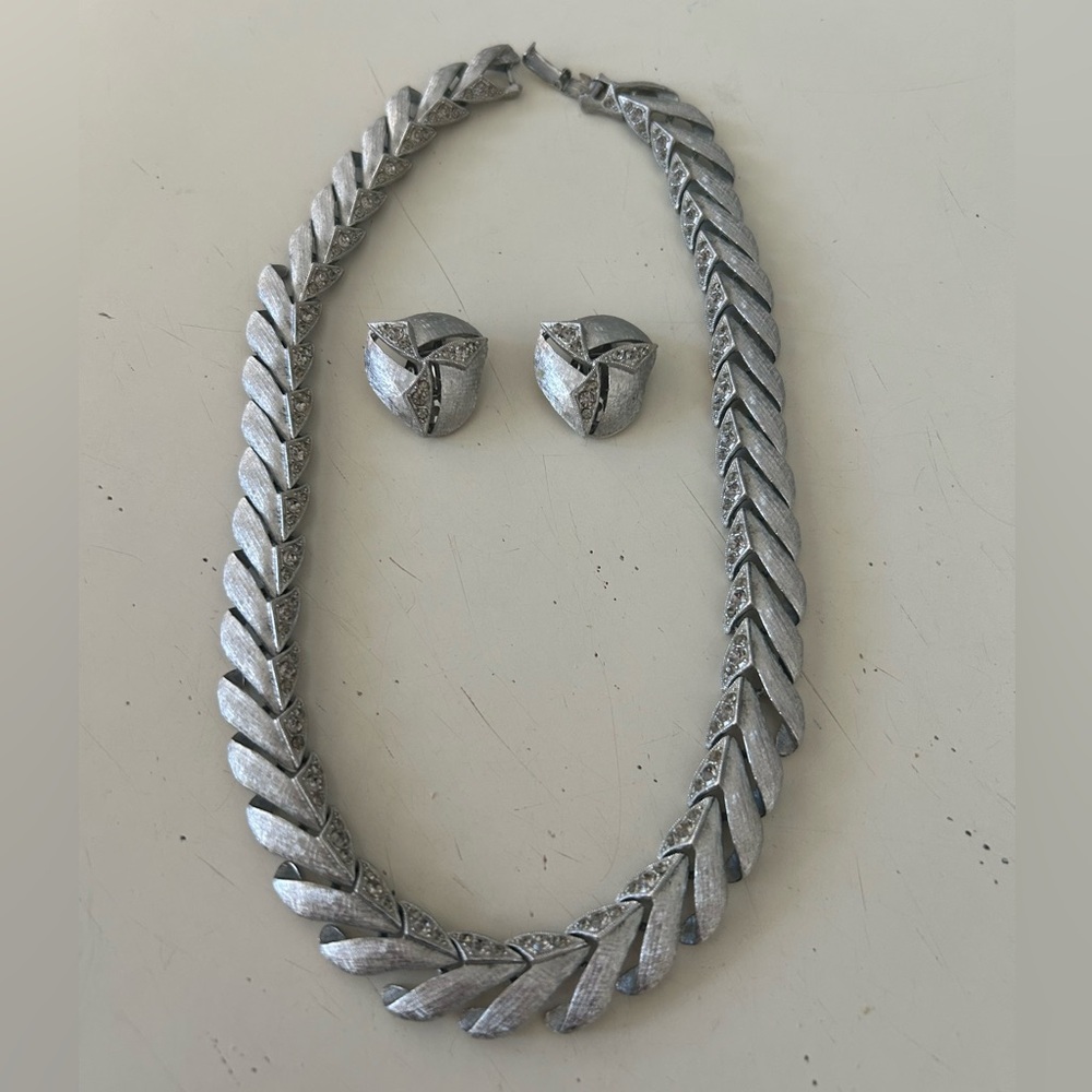 Vintage Silver and Rhinestone Necklace and Earring Set